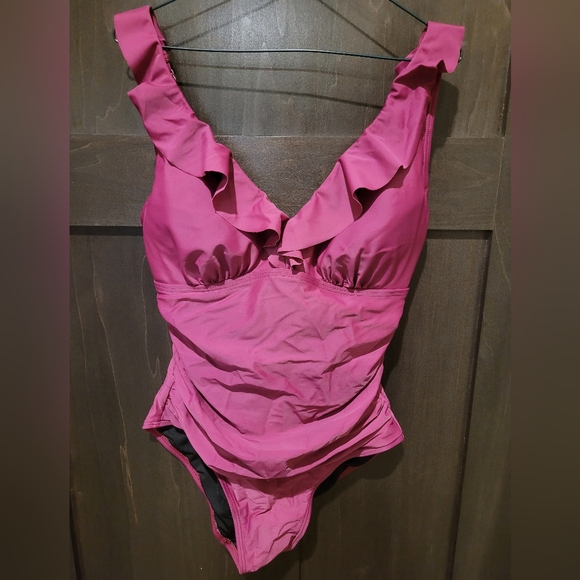 DKNY Magenta Swimsuit with Metal Accent - Picture 1 of 7